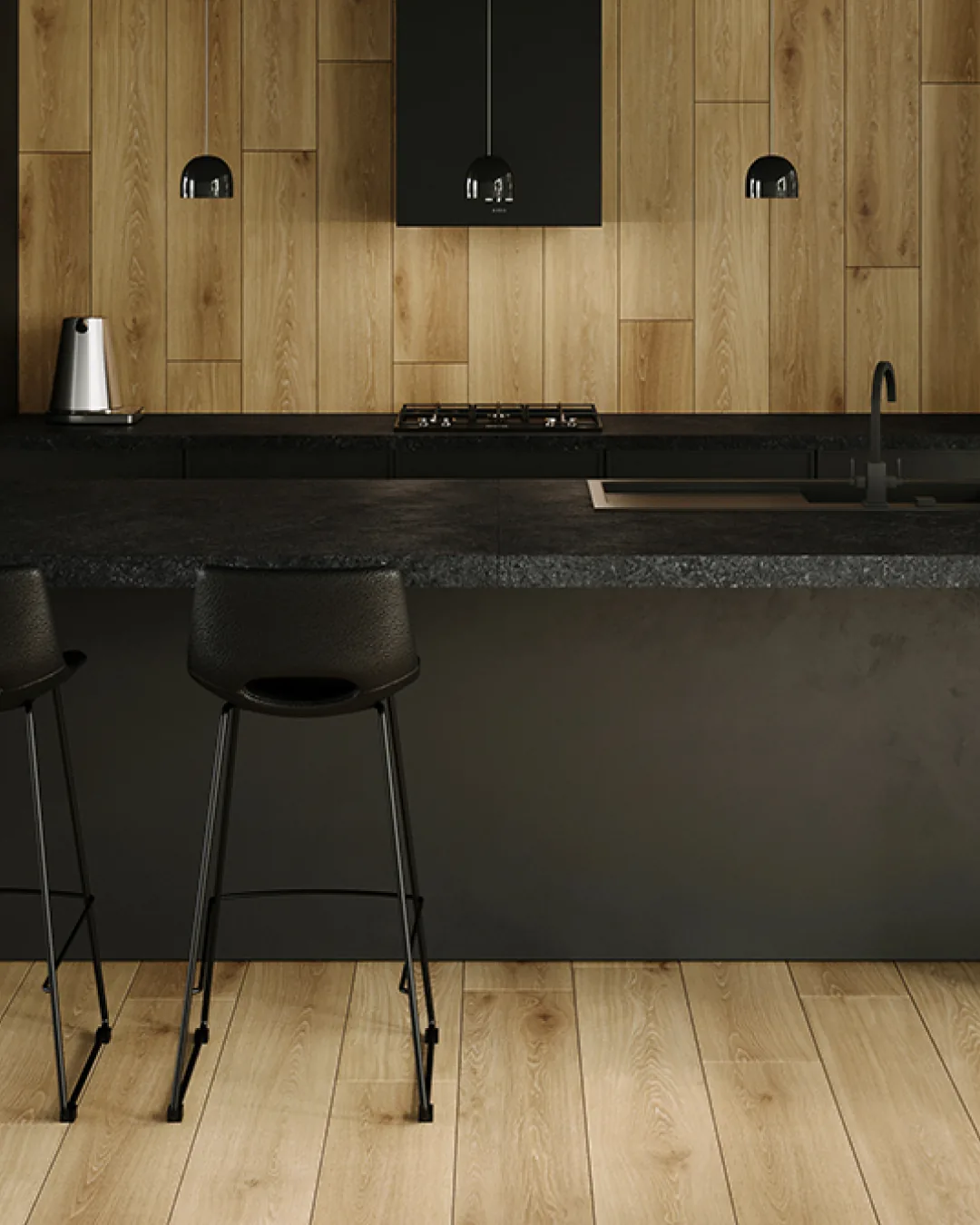 Bucătărie cu pardoseală cu aspect de lemn, colecția Honey Wood Beige